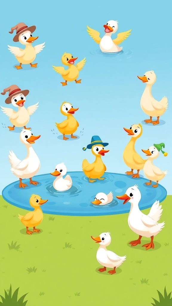 A colorful illustration of playful ducks in various poses, perfect for a fun username theme.
